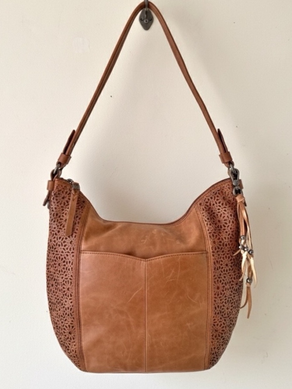 The Sak Leather Sequoia Laser Cut Hobo Shoulder Bucket Bag Tobacco Moroccan Tan